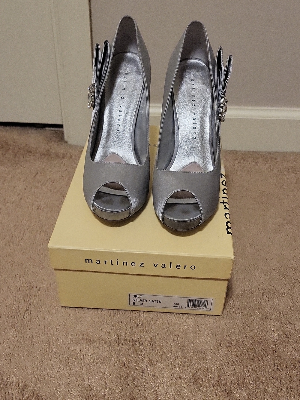 Martinez Valero Silver Satin Peep-Toe Heels with Bow Jewel